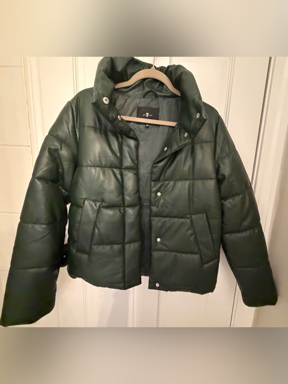 7 For All Mankind Dark Green Faux Leather Quilted Puffer Jacket